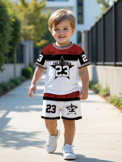 SHEIN 2pcs/Set Young Boy Casual Classic Fashion School Style Star, Number 23, Sporty Colorblock Loose Comfortable Round Neck Short Sleeve T-Shirt And Shorts, Suitable For Spring/Summer