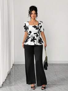 Elenzga Fashionable Casual French Retro Elegant Commuter Generous Collar Print 2 Pieces Set - Black and White - View 5