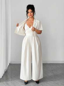 Elenzga 女士加大码翻领短袖珍珠纽扣短款外套搭配褶皱腰部连体裤，优雅两件套 - 杏色 - 查看 1