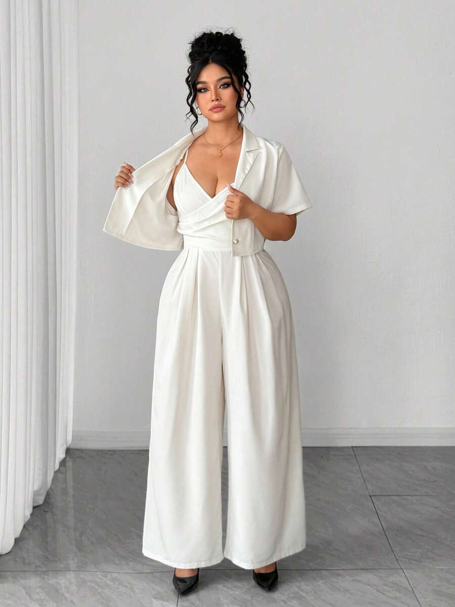 Elenzga 女士加大码翻领短袖珍珠纽扣短款外套搭配褶皱腰部连体裤，优雅两件套 - 杏色 - 查看 1