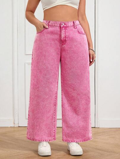 SHEIN CURVE+ 大码休闲日常水洗斜插口袋宽松直筒牛仔裤，春夏嘉年华服装通勤度假毕业时尚Y2K可爱街头风派对婚礼优雅商务休闲女装亮粉色酸洗阔腿牛仔裤时尚高腰宽松版型牛仔裤