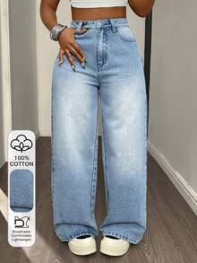 DAZY Women's Casual Loose Fit Leopard Print Straight Leg Jeans, Vacation Style, Suitable For Spring, Summer, Valentine's Day - Blue - View 1