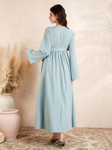 SHEIN Vestido de maternidad elegante de unicolor con parches de encaje y mangas con brillo - Azul - Ver 2