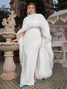 VOLUPTÉ CURVE Plus Size Summer White Solid High Neck Sleeveless High-Waist Wide-Leg Jumpsuit For Wedding Guests, Parties, Going Out, Graduation, Birthdays - White - View 7