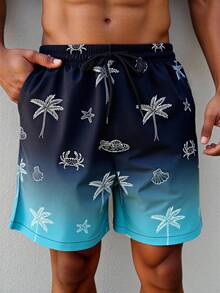 Surfspeed Men's Gradient Coconut Tree Print Casual Beach Shorts - Dark Green - View 1