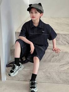 DAZY Tween Boy Letter Graphic Short Sleeve Denim Top And Denim Shorts Casual Outfit Summer - Blue - View 2
