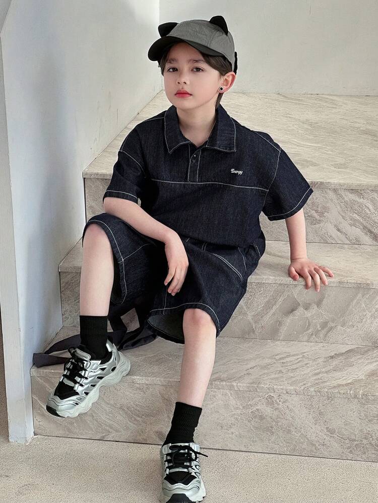 Tween Boy Letter Graphic Short Sleeve Denim Top And Denim Shorts Casual Outfit Summer