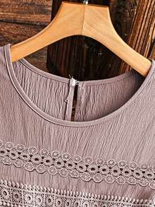 EMERY ROSE Plus Size Women Solid Color Lace Hollow Out Sleeveless Dress - Pink - View 5