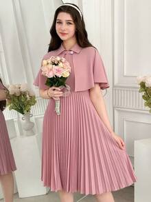 SHEIN 两件套：复古优雅披肩领纽扣上衣和褶边连衣裙，适合少女 - 粉色 - 查看 6