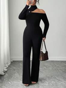 Elenzga Plus Size Women's Solid Color Round Neck Jumpsuit, Suitable For Commuting - Black - View 5