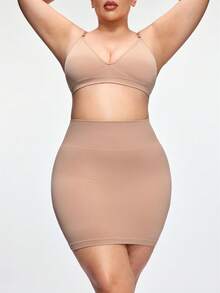 SHAPORA Váy lót cạp cao không đường may dành cho nữ cỡ lớn, kèm quần bảo hộ, váy bút chì ôm sát gợi cảm, váy định hình vòng eo. - Màu be - Xem 4
