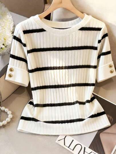 Franclia Women's Casual Commuter Striped Short Sleeve T-Shirt, Summer