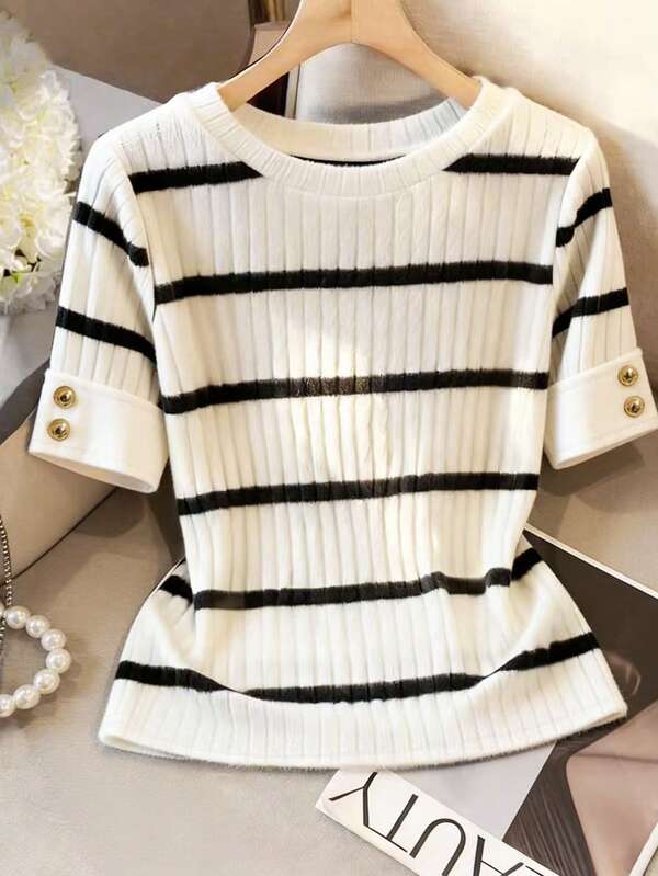 Franclia 女士休闲通勤条纹短袖T恤，夏季