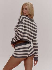 MUSERA 条纹宽松短款圆领针织套头衫，可爱性感，适合春、冬、日常、外出、复活节等场合。 - 灰色 - 查看 2