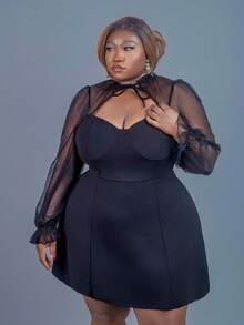 CurvyTilda 大碼繫帶領荷葉袖洋裝 - 黑色 - 查看 3