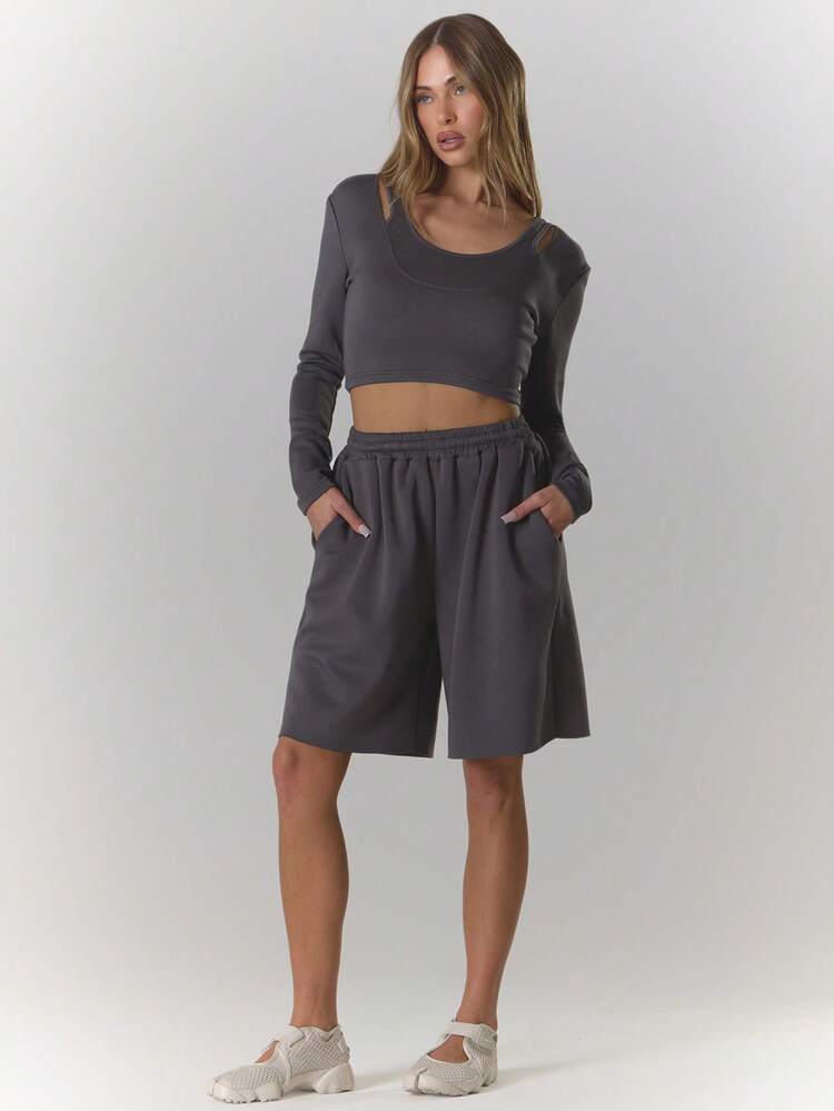 MUSERA Elasticated Tie Waist Longline Jogger Shorts Summer, Sporty, Casual, Day, Streetstyle, Streetwear - Grey - View 2