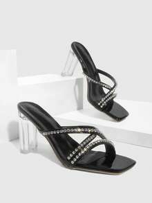 CUCCOO SZL Women's Rhinestone Design Fashionable Elegant Versatile High Heel Sandals Prom Heels Summer Shoes - Black - View 2