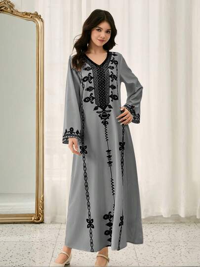 Teen Girl V-Neck Floral Print Casual Party Dress Teenager Dress Abaya Abaya Sets Abaya Embroidered Dress Long Dress