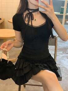 DAZY 女士撞色蕾丝短袖修身T恤 夏季 - 黑色 - 查看 4