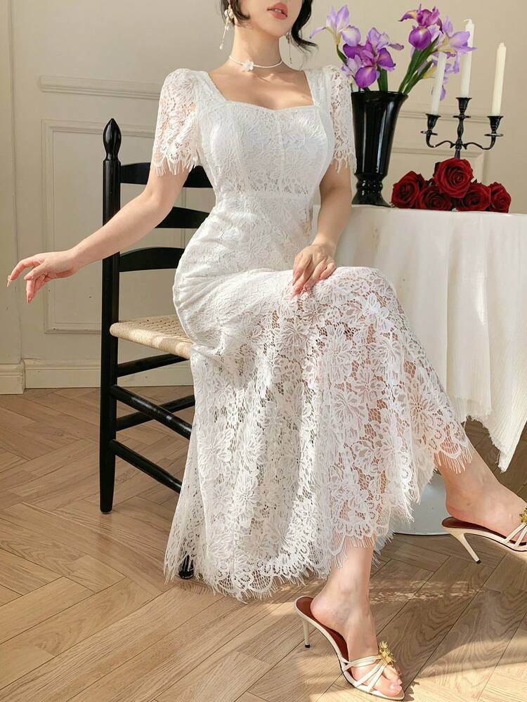 Women's Lace Collar Short Sleeve Fitted Waist Elegant Long Dress Sundress
