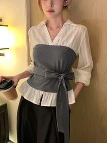 DAZY 女士二合一系带领长袖优雅正式衬衫，春秋季 - 白色 - 查看 5