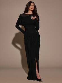 SHEIN BAE 女士优雅简约纯色船领修身连衣裙，春秋季 - 黑色 - 查看 4