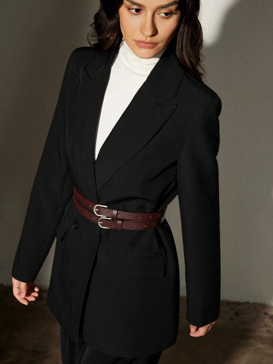 Aveloria Modichic Women's Lapel Collar Loose Long Sleeve Blazer Jacket With Dual Waist Belts - Black - View 1