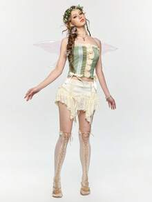 ROMWE Fairycore 女士复古仙女风精灵多色面料拼接缎面3D立体花卉胸衣上衣 - 綠色 - 查看 2