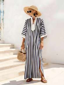 Balvessa 蓝白条纹V领系带拼接连衣裙，女士度假装 - 藍色 - 查看 1