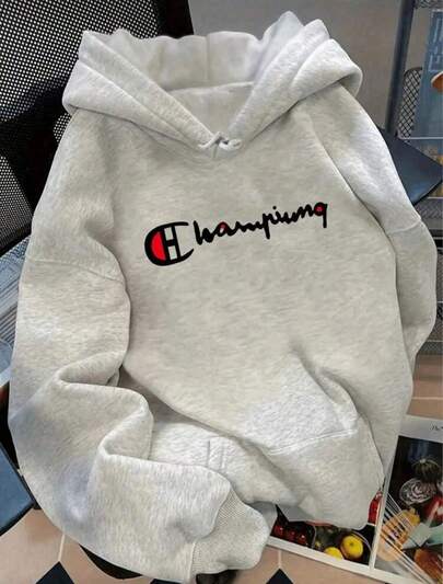 Sudadera Con Capucha De Cuello Redondo Para Hombre Con Estampado De corazones  champions  , Bolsillo Canguro Y Cordón, Manga Larga, Suelta Y Casual, Ideal Para Regalar En Otoño E Invierno Como Ropa De Hombre