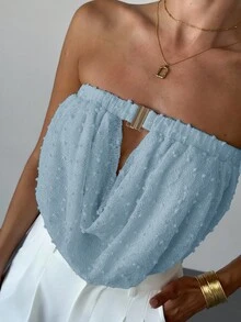 Aloruh 新款性感褶皱领口弹力收拢金属扣装饰修身露脐上衣 - 淺藍色 - 查看 6