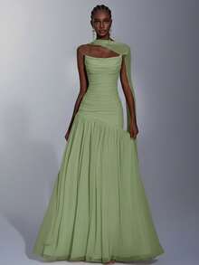 Elitara 优雅薄荷绿极简主义高弹网纱无肩带褶皱腰A字连衣裙，适合约会、单身派对、婚礼、正式场合 - 綠色 - 查看 1