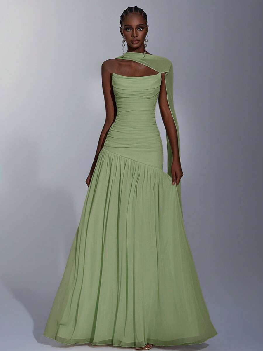 Elitara 优雅薄荷绿极简主义高弹网纱无肩带褶皱腰A字连衣裙，适合约会、单身派对、婚礼、正式场合 - 綠色 - 查看 1