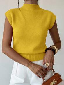 Firerie Áo len không tay cổ cao dáng rộng thanh lịch, đa năng, thích hợp mặc đi chơi hoặc đi học vào mùa thu/đông. - Màu vàng - Xem 6
