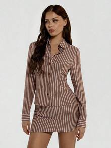 SHEIN ICON 2pcs Striped Shirt & Mini Bodycon Skirt Set - Brown - View 1