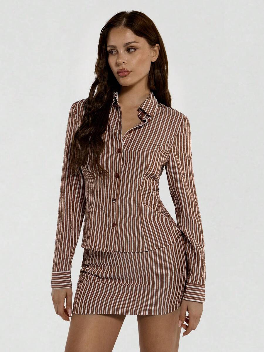 SHEIN ICON 2pcs Striped Shirt & Mini Bodycon Skirt Set - Brown - View 1