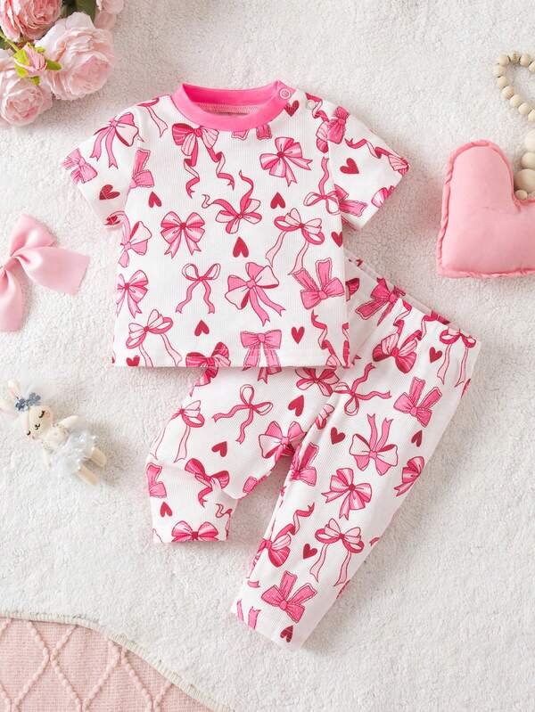 新生女宝宝可爱夏季休闲针织蝴蝶结图案短袖睡衣套装