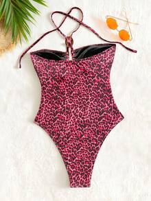 Swim SXY 女士连体泳衣，豹纹交叉露背比基尼，性感欧美风泳装 - 玫紅色 - 查看 5