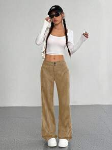 SHEIN Unity 女士腰部纽扣设计条纹阔腿休闲裤 - 摩卡棕 - 查看 5