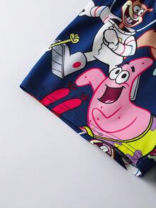 SpongeBob SquarePants | SHEIN 男童字母卡通图案圆领短袖上衣和短裤睡衣套装 - 藍色 - 查看 9