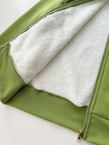 Elamini 女士修身复古风针织弹力连帽保暖长袖口袋卫衣 - 綠色 - 查看 7