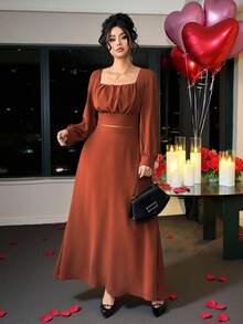 SHEIN Elenzya Bộ đồ nữ cổ vuông tay dài 2 món, áo cổ vuông + chân váy dài, trang phục thường ngày & thanh lịch, phù hợp cho mùa xuân/hè - màu nâu - Xem 3