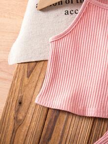 SHEIN 女婴可爱夏季粉色针织吊带背心和喇叭裤套装 - 彩色 - 查看 3