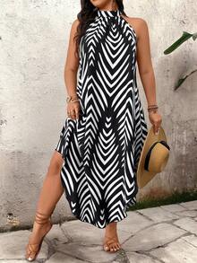 EMERY ROSE Plus Size Mandarin Collar Sleeveless Asymmetrical Print Loose Fashion Summer Dress - Black - View 6