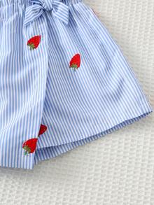 Cozy Pixies Baby Girl Blue Striped Strawberry Pattern Knit Soft Butterfly Decor Elastic Waist Skorts - Blue - View 4