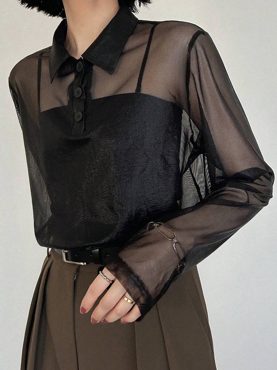 FRIFUL Women's Loose Sheer Mesh Polo Collar Blouse, Lightweight Summer Top - Black - View 1