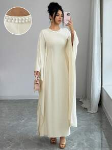 Rafferiza Vestido largo de mujer color albaricoque con cuello redondo decorado con perlas, mangas de murciélago conservadoras, adecuado para fiestas, festivales y banquetes - Albaricoque - Ver 7