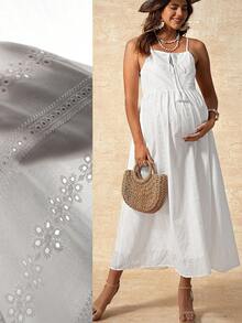 孕妇度假刺绣镂空流苏系带休闲吊带裙 - 白色 - 查看 1