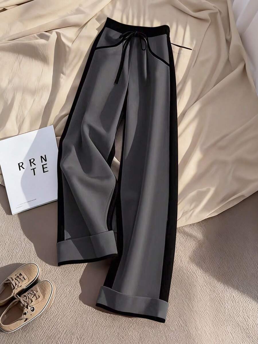 女士撞色腰带宽松阔腿休闲裤 - 深灰色 - 查看 1