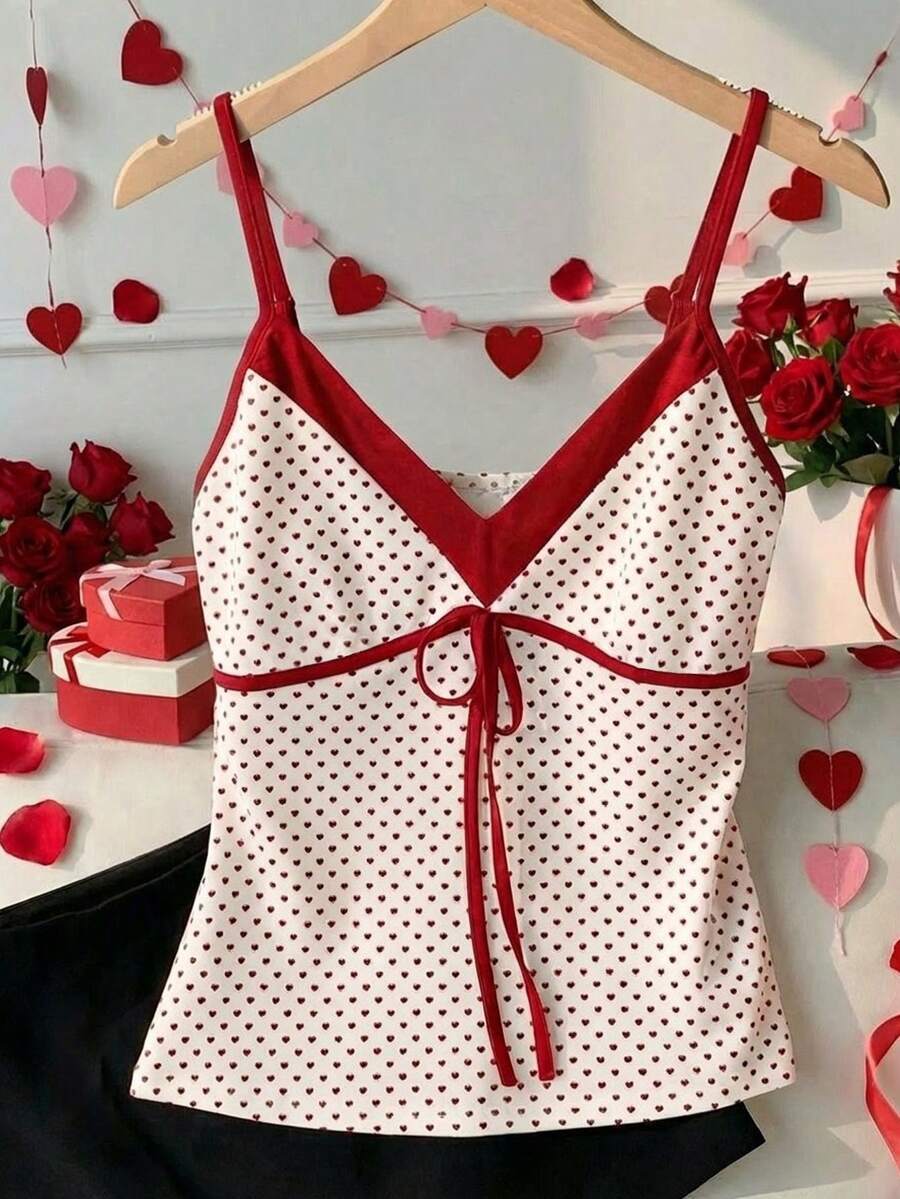 SHEIN EZwear 情人节休闲简约爱心波点印花撞色系带吊带背心（女款） - 彩色 - 查看 1